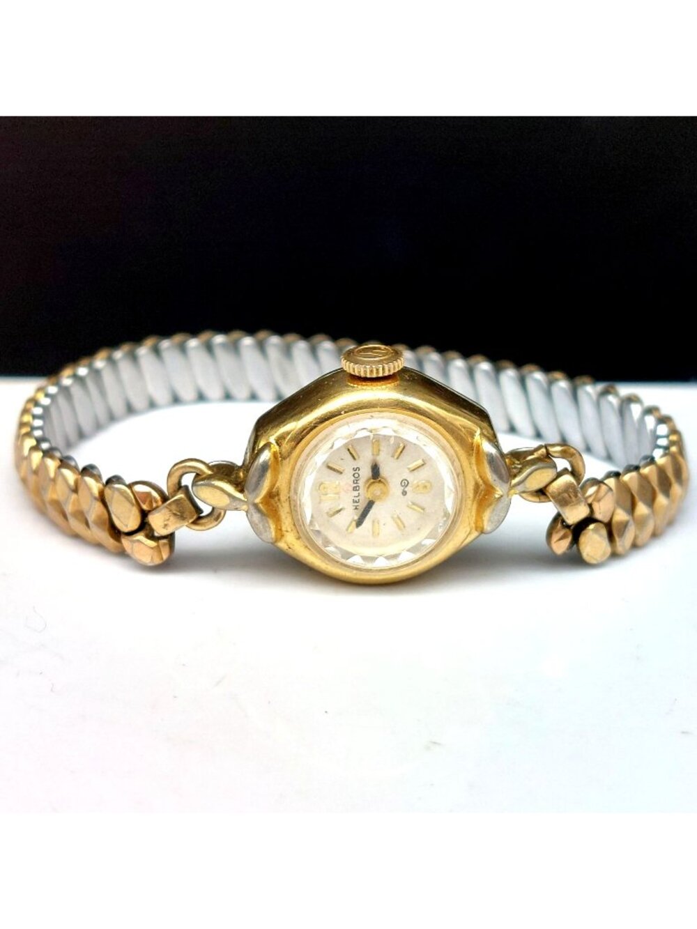Vintage Helbros Mechanical Wind Womens Watch Gold Tone Faceted Gemex Band Runs